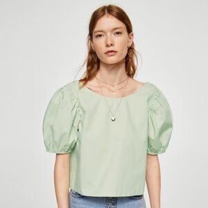 Mango 100% Cotton Light Mint Green Puff Sleeve Crop Top Shirt Women's USA Small